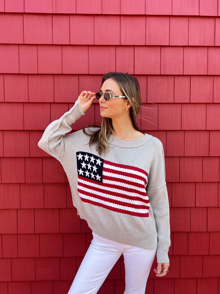 Flag Me Down Crochet Knit Sweater - GREY
