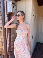 Floral Feeling Lace Up Smocked Midi Dress