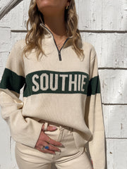 Southie Quarter Zip Sweater - Natural/ Hunter Green