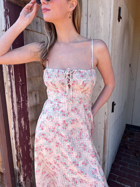 Floral Feeling Lace Up Smocked Midi Dress