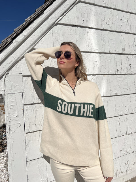 Southie Quarter Zip Sweater - Natural/ Hunter Green