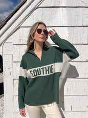 Southie Quarter Zip Sweater - Hunter Green/ Natural