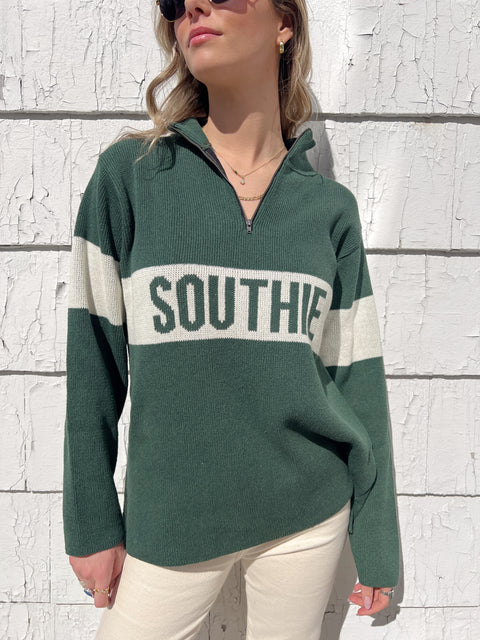 Southie Quarter Zip Sweater - Hunter Green/ Natural