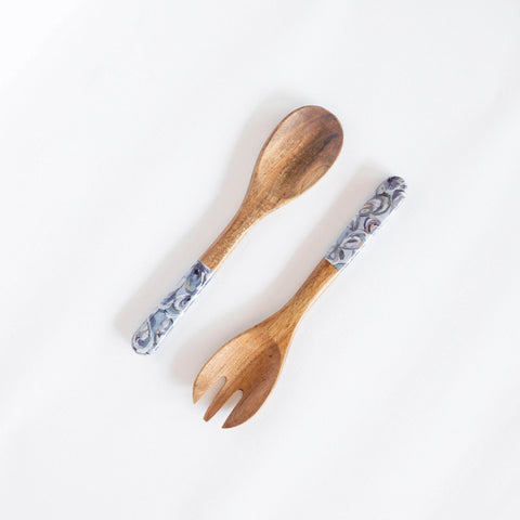 Wooden Pewter Shells Salad Utensils