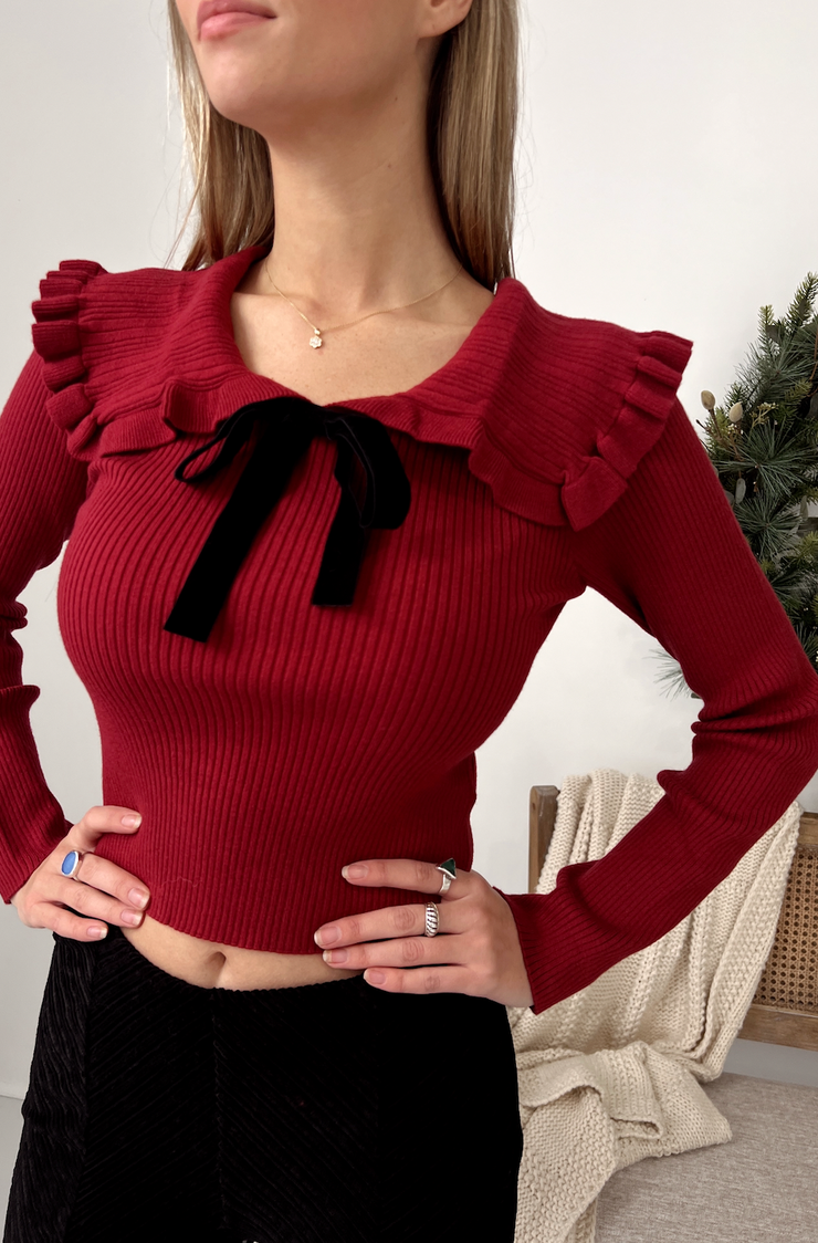 Merry Merry Collar Bow Top - Ruby