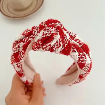Red Plaid and Tweed Padded Knot Headband