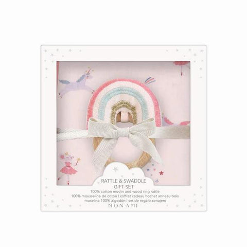 Chateau Magique Swaddle and Rainbow Rattle Gift Set