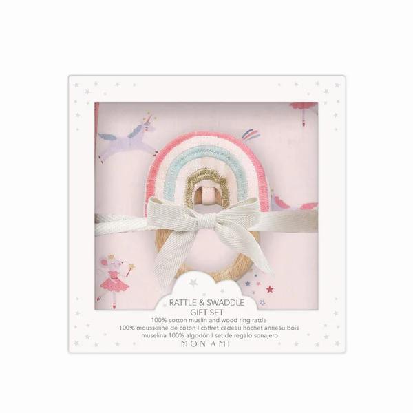 Chateau Magique Swaddle and Rainbow Rattle Gift Set