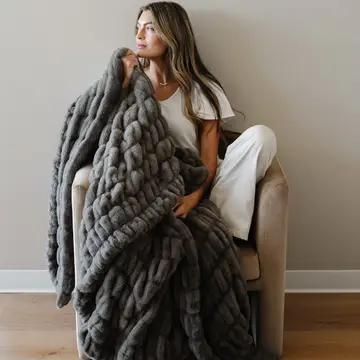 Double Ruched Faux Fur Xl Throw Blankets Cobblestone