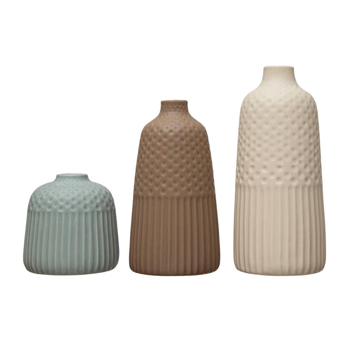 Debossed Stoneware Vases, Matte Glaze - Ivory