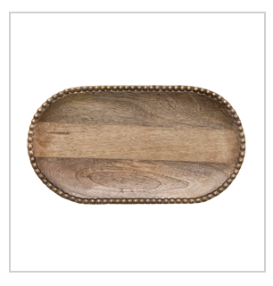 Hand-Carved Mango Wood Tray w/ Wood Beads & Gold Finish