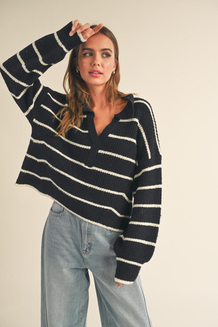 Fall Back Collared Sweater Top - Black/Ivory