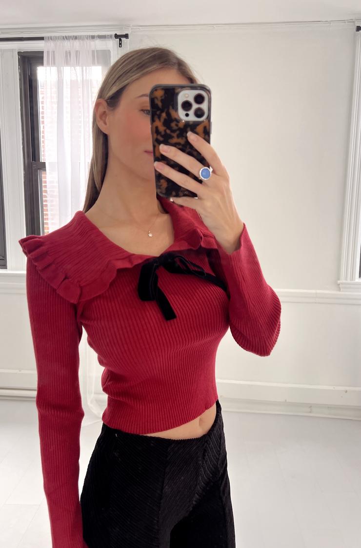 Merry Merry Collar Bow Top - Ruby