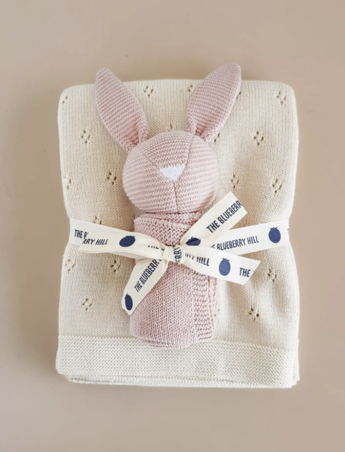 Blush Bunny Lovey Cream Blanket Set Organic Cotton Baby Gift