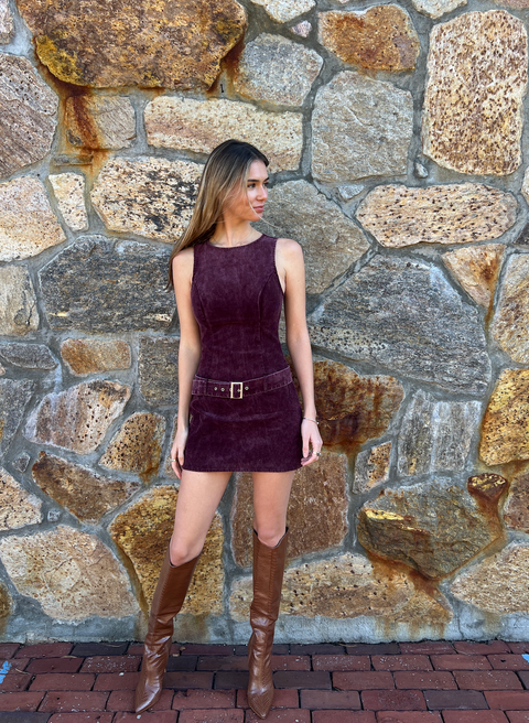 On The Spot Mini Belt Dress - Dark Maroon