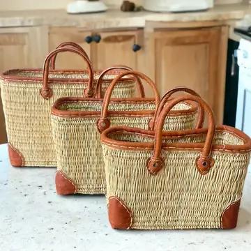 Handcrafted French Market Basket with Leather Accents - all sizes