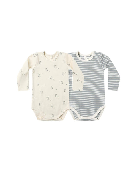 Quincy Mae Ribbed Bodysuit 2 Pack - Steel blue/Micro stripe owls