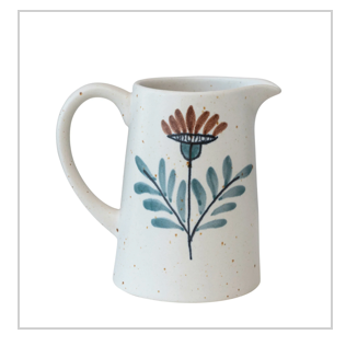 Stoneware Pitcher w/ Floral Design, Multi Color Speckled