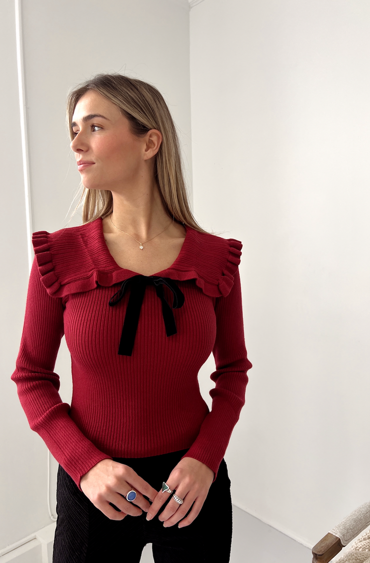 Merry Merry Collar Bow Top - Ruby