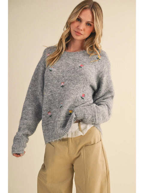 Cozy Flower Sweater - Heather Grey