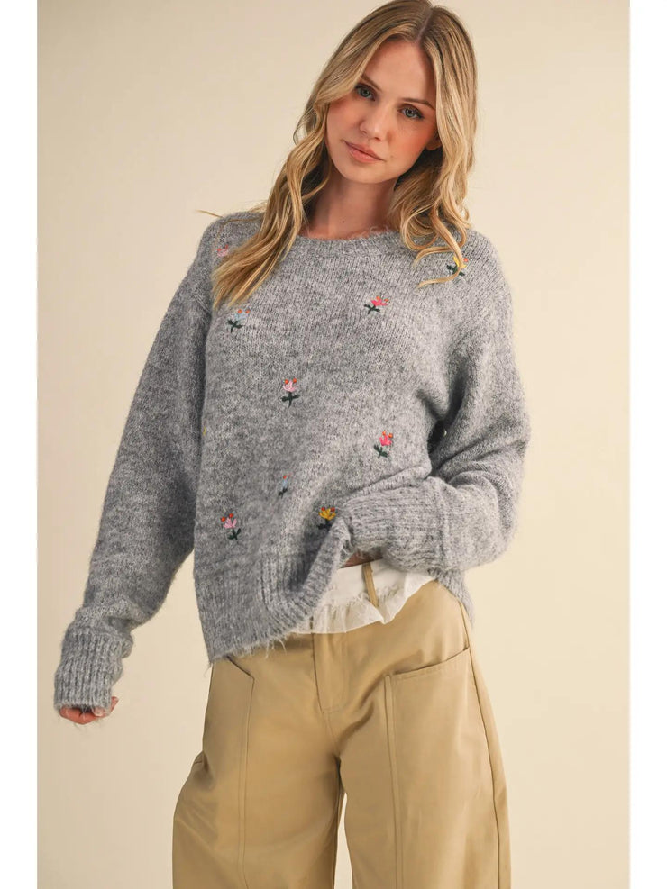 Cozy Flower Sweater - Heather Grey