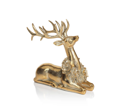 Golden Deer with Floral Wreath - Sitting