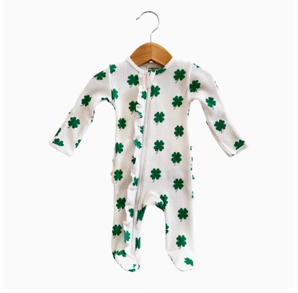 Organic Waffle 2-Way Zip Ruffle Footie, Clover