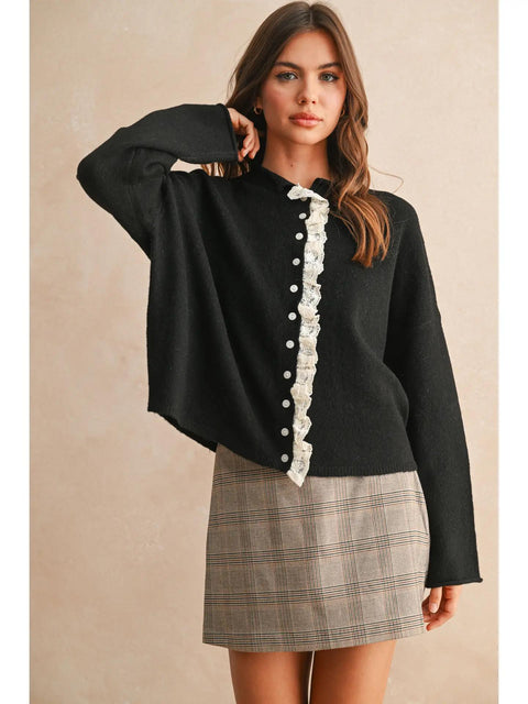Lovelace Trim Cardi - Black