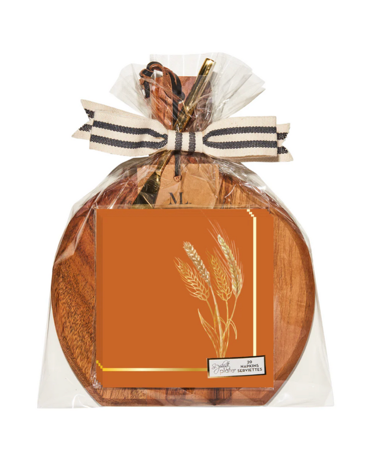 Harvest Wheat Napkin and Ribbon Acacia Bevel Board Medium w/ gold spreader