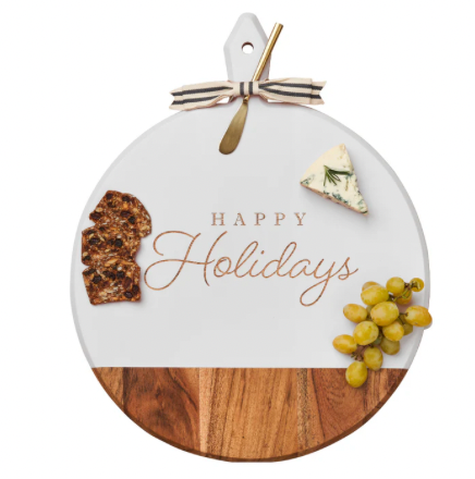 Happy Holidays 20x16" White Acacia Heirloom Board Round w/ Gold Spreader & Ribbon