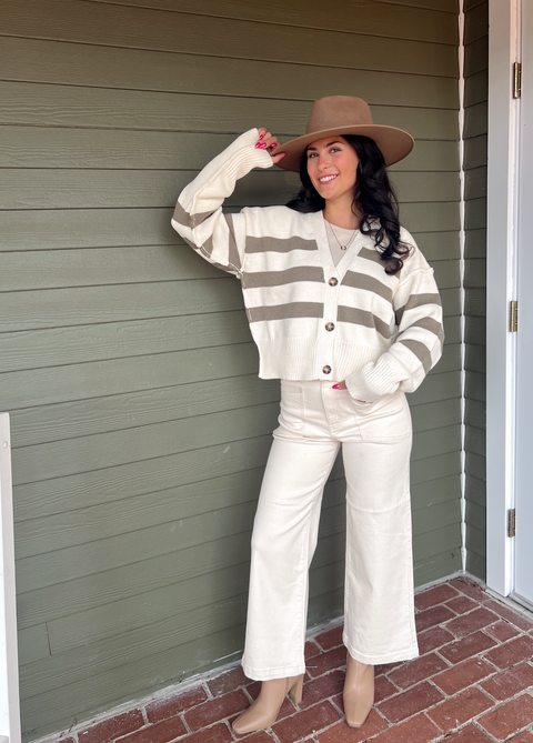 Stripe It Or Not Button Down Cardi - Cream/Olive