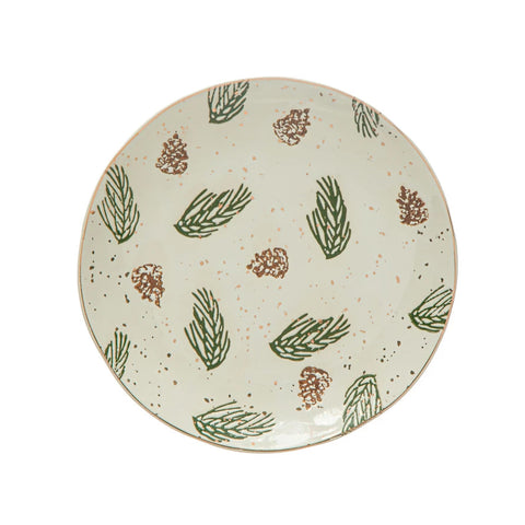 Round Stoneware Plate w/ Wax Relief Pinecones