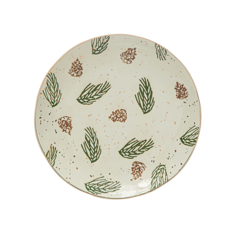 Round Stoneware Plate w/ Wax Relief Pinecones