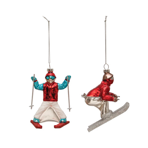 Glass Skier Ornament w/ Glitter, Multi Color, 2 Styles